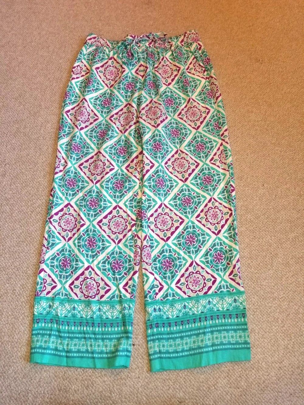 Womens Pants-TALBOTS-white/turquoise/purple gauzy pull-on harem Resort Beachy-PS - Picture 1 of 5